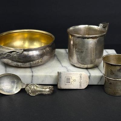 Sterling Silver Marked Money Clip, Caps, Bowl, Spoon
