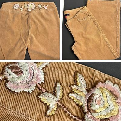 French Connection Corduroy Bellbottom Pants W Floral Embroidery - Size 8 