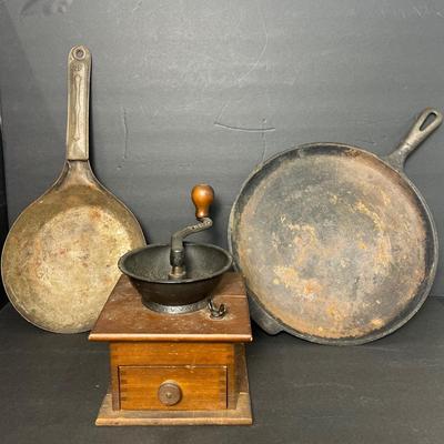 Vintage Cast Iron Pancake Griddle 11½", Cowboy 8" Skillet & Wooden Coffee Grinder