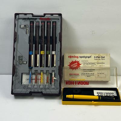 Vintage Rotring Koh-I-Noor Rapidograph 5-Pen Set (Product #155415) with Koh-I-Noor Adapter