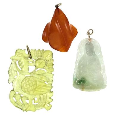 Carved Jade Guanyin & Floral, Plus Amber Pendants with 14K Gold Findings