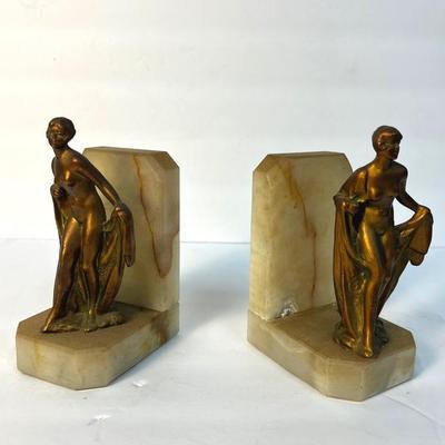 Art Deco Bronze Nude Women Bookends – Marble Base 3x4x5"