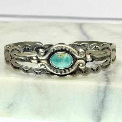 Sterling Silver Southwestern Style Turquoise Cuff Bracelet - Marked Silver Arrow - Child Size