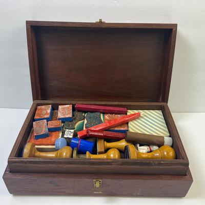 Vintage Stamp and Seal Collection in a Wooden Box