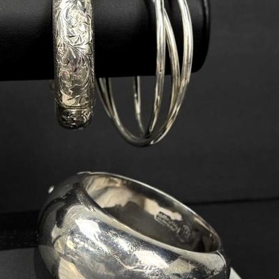 Sterling Silver Bangle Bracelets - 3 Total, 2 hinged