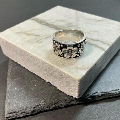 Sterling Silver And 14kt Gold Flower Band Ring Size 6.5 