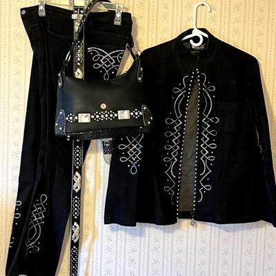 Rhinestone Embellished Black Denim Jacket and Jeans, with Handbag and Leather Belt