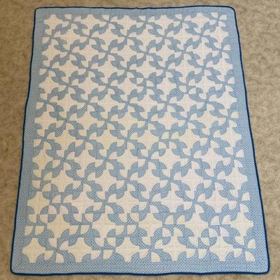 Vintage Blue & White Handmade Quilt, Drunkard’s Path Pattern