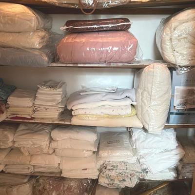 Linen Closet Cleanout with Comforters, Bed Linens, Blankets in Varied Sizes