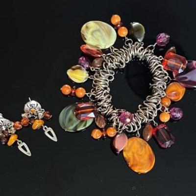 Semiprecious Stone Coil Bracelet and Earrings