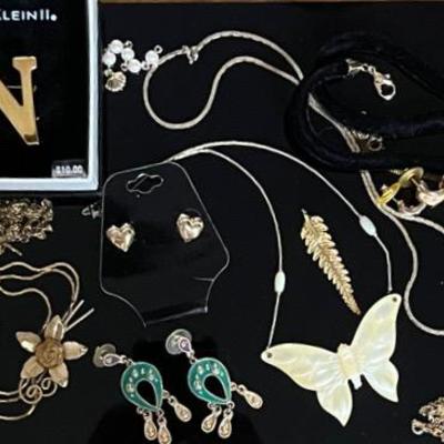 Goldtone Jewelry with Enameled Earrings, MOP Butterfly Pendant 
