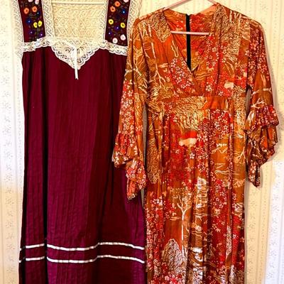 Folkloric Cotton Dress with Shirring, Lace and Embroidery and Nylon Maxi Dress