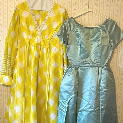 1960s Green Satin Prom Dress and Yellow Checked Maxi Dress