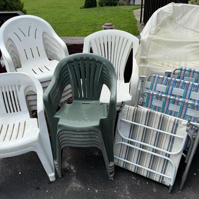 Large Group Of Outdoor Furniture (27 Pieces), Molded Plastic & Webbed Folding Chairs