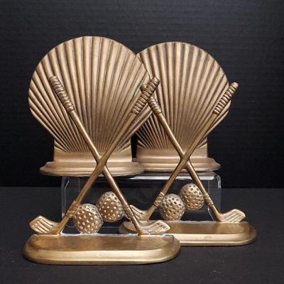 Pair Of Brass Seashell And Golf Club Book Ends