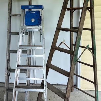 Ladders (3) With 6-Foot Werner Aluminum, Metal Extension and 8-Foot Vintage Wooden