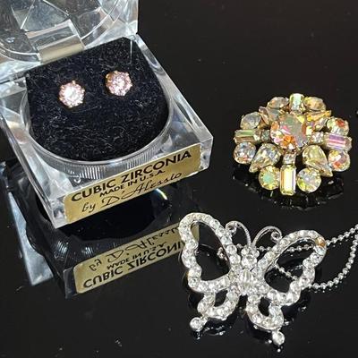 Pink Cubic Zirconia Stud Earrings, Austrian Crystal Brooch, 18KGP Butterfly 
