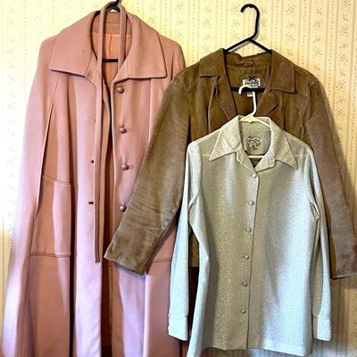 Vintage Pink Polyester Cape, Silver Jennie Lurie Lurex Disco Shirt, Suede Jacket
