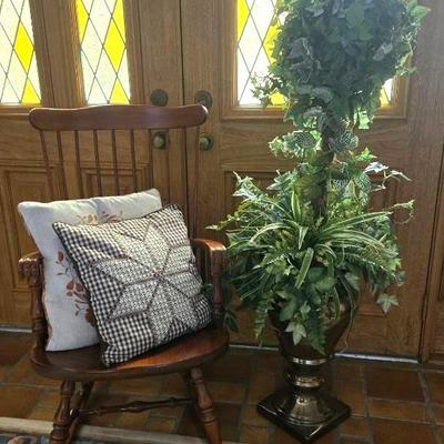 Virginia House Vintage Rocking Chair, Faux Topiary In Large Brass Planter 