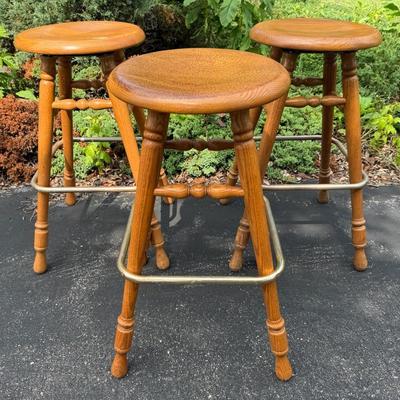 Oak & Brass Swivel-Top Bar Stools, Vintage (3)