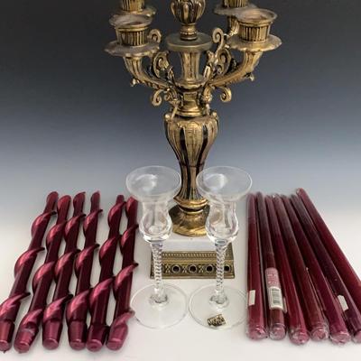 Candelabra, Mikasa Glass Candlesticks And 13 Burgundy Candles