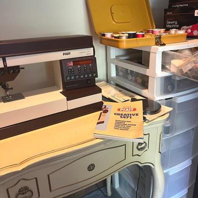 Pfaff Creative 1471 Sewing Machine with Abundant Sewing Notions and Bin of Fabric
