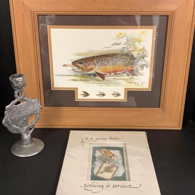 Fish Print, Collage And Metal Fish Candlestick