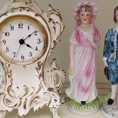 Porcelain Figurines w/ 1963 Mantel Clock