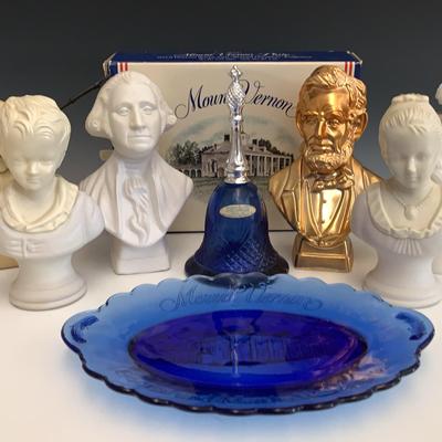 Avon Colognes In Historic Figures Bottles + Cobalt Mt Vernon Oval Plate