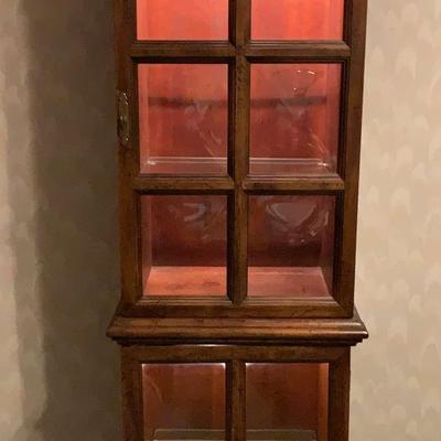 Federal Style Pecan Lighted Display Cabinet w/ Bowed Glass
