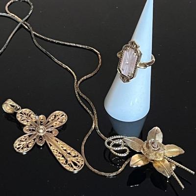 Edwardian Style Ring, Filigree Cross, Rose Pendant Necklace 