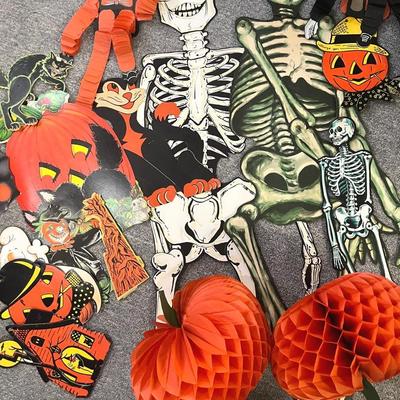 Vintage 1950s 60s Halloween Decorations (16) with Hinged Skeletons and Beistle Pumpkins 