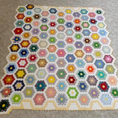 Vintage Large Colorful Handmade Quilt, Grandma’s Flower Garden Pattern