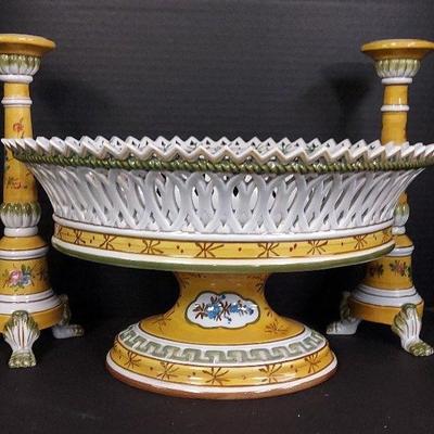 Vintage Handpainted Openwork Compote With Matching Footed Candleholders 