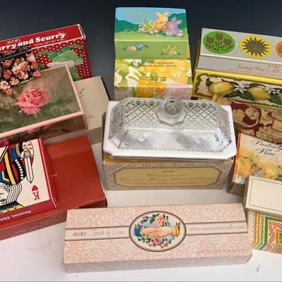 Variety Of Avon Soaps And Pressed Glass Covered Butter With Soap