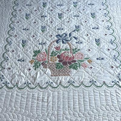 Hand Stitched Flower Basket Cross Stitched Quilt