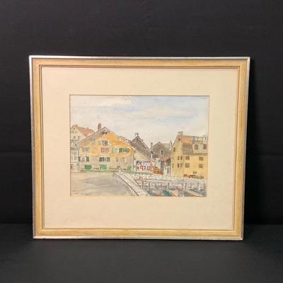 Signed Watercolor Small Town Scene