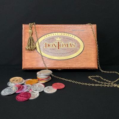 Wooden Cigar Box Purse and Vintage Mardi Gras Doubloons