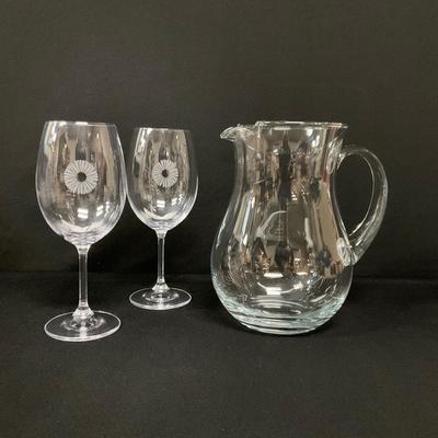 Glass Pitcher And Pair Of Wine Glasses
