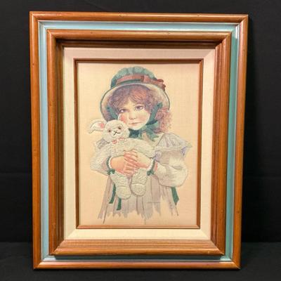 Framed Needlepoint, Girl With Bunny