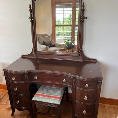 Antique Mahogany Vanity with Mirror and Stool