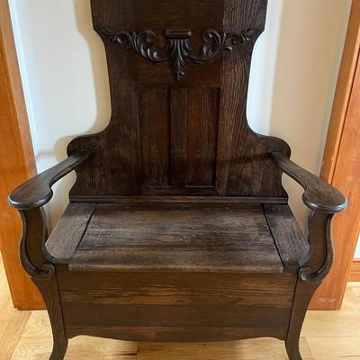 Antique Oak Hall Bench with Carved Back and Storage Seat 