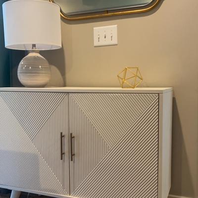 Mid-Century Modern Console Cabinet with Lamp, Mirror & Geometric Accent