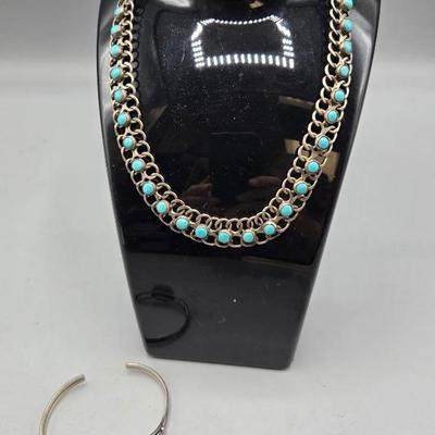 Sterling Silver & Turquoise Necklace & Cuff Bracelet 