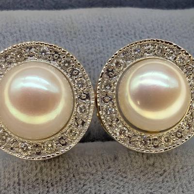 Pair Of 14K Gold, Pearl & Diamond Earrings 