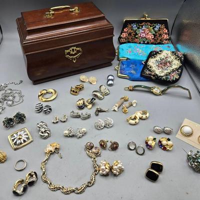 Vintage Costume Jewelry; Earrings, Pins, Watch, Jewelry Box