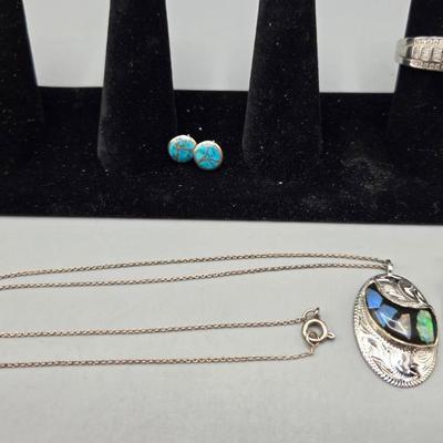 Sterling Silver Necklace W Stones, Ring, Turquoise Pendant, Earrings 