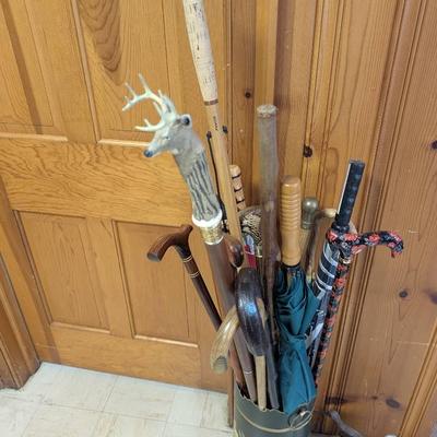 Group Of Canes, Walking Sticks And Umbrellas