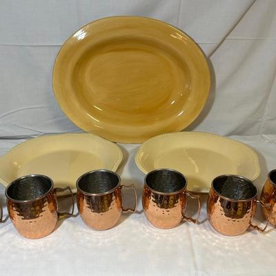 3 Pottery Barn Platters And 6 Hammered Mule Mugs