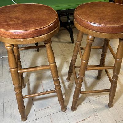 Pair Of Vintage Wooden Bar Stools 13”w Seat X 29”t